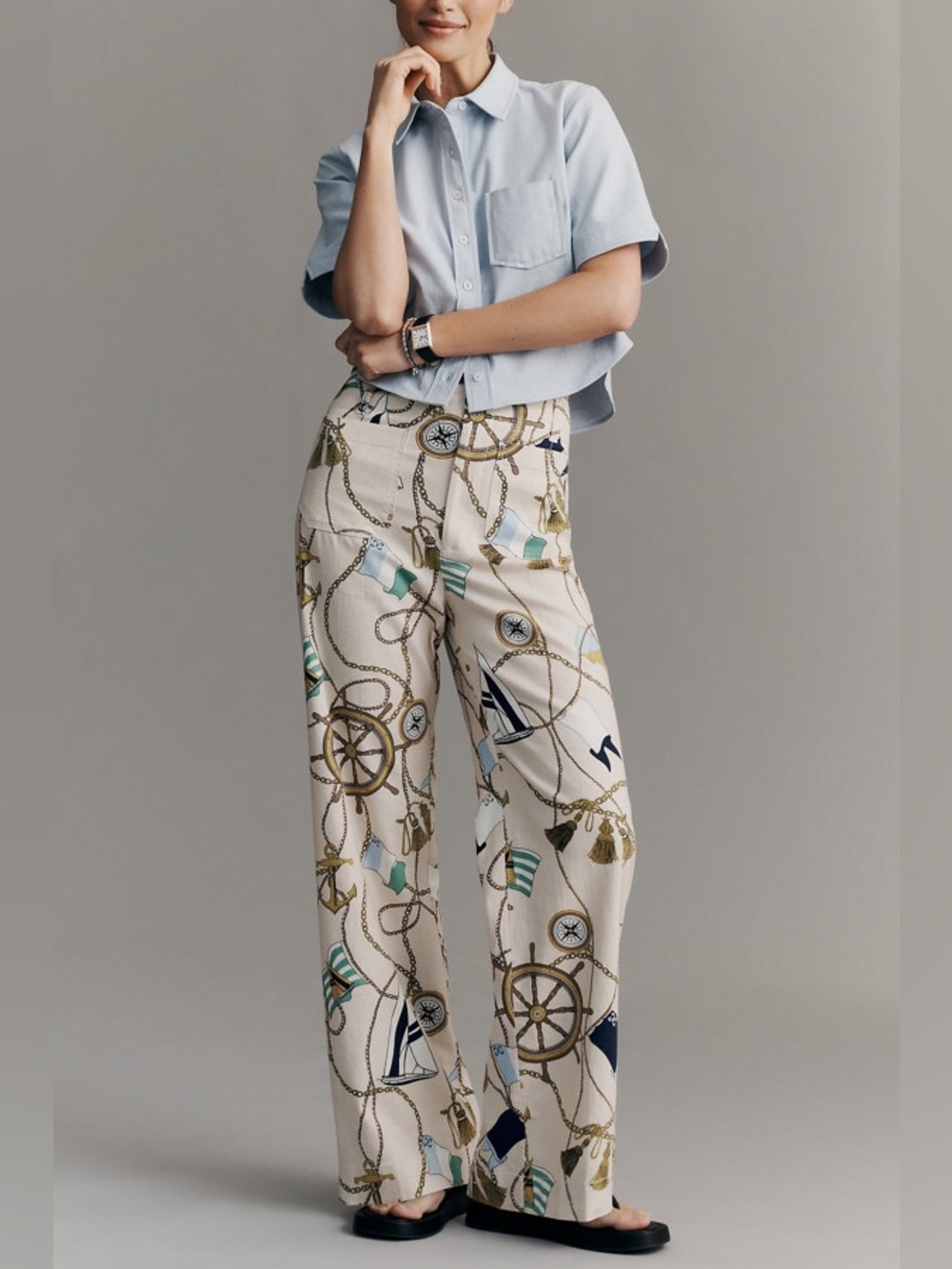 Anthropologie Maeve Colette Beachy Linen Full Length Wide Leg Nautical Pants 29